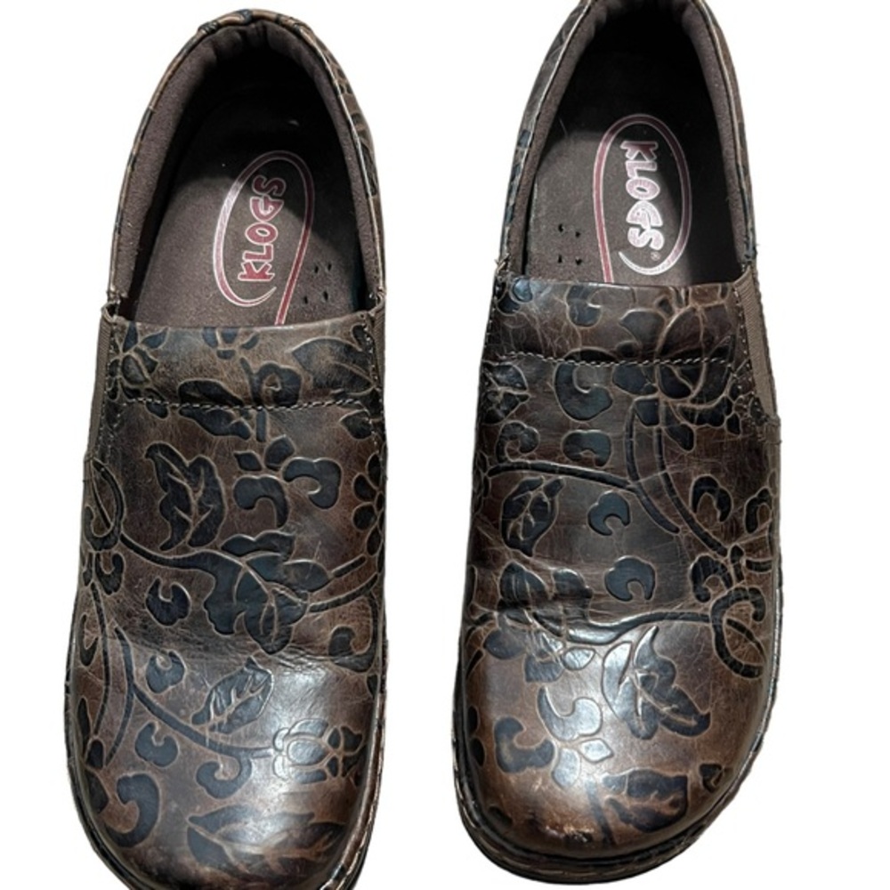 Klogs Brown Slip on Slip Resistant Floral Design Leather Upper Size 11
